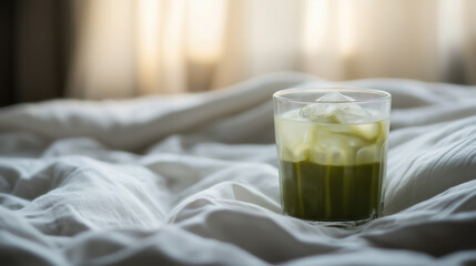 A glass of iced matcha placed on white bedding