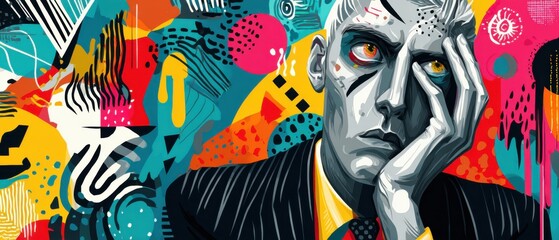 Pensive man in suit with hand on face against vibrant abstract background Concept of contemplation, creativity, and modern art