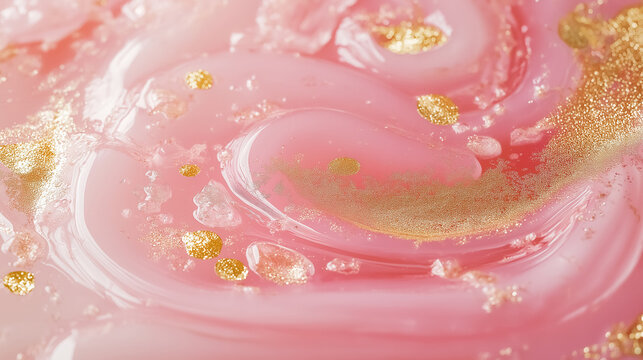 Pink epoxy resin art with circular patterns and embedded golden mica flakes