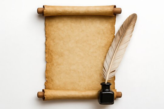 vintage scroll with feather quill and ink bottle old parchment paper torn edges historical writing concept on white background