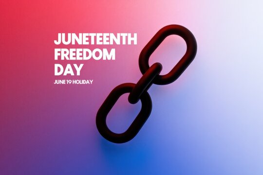 Symbolic image of a joined chain representing unity and freedom for Juneteenth Freedom Day over a red-blue gradient background.

