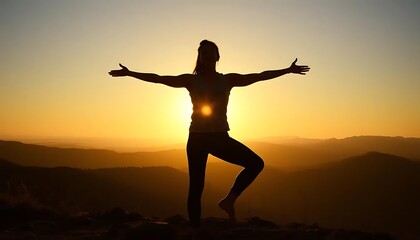 Woman Practicing Yoga Pose Silhouette at Sunset Mountain Peak