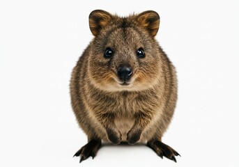 Close-up of a quokka facing forward with a soft brown coat and small ears against a white background