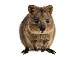 Fototapeta premium Close-up of a cute quokka with brown fur and small ears standing on a white background looking at the camera