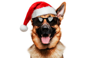  A German shepherd dog wearing sunglasses and a Santa hat, isolated on a transparent background.png