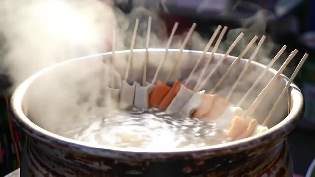 Korean street food stall serving hot fish cake skewers (eomuk) in steaming broth