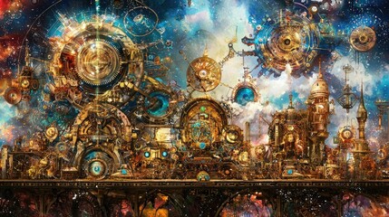 A vast, intricate, steampunk city set against a cosmic backdrop.