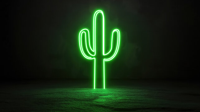 Neon green cactus outline glowing on a black background