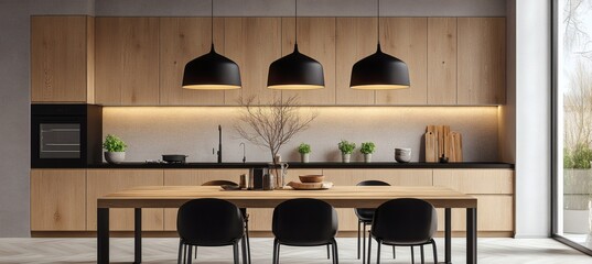 Modern minimalist kitchen interior with wooden cabinets, matte furniture, and pendant lighting in a bright open plan space. 3D Rendering,
