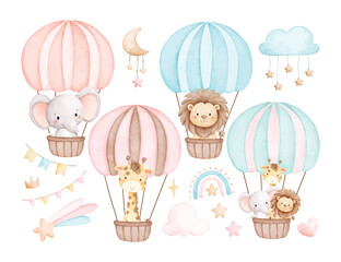 Watercolor Illustration Set of Safari Animal in Hot air balloon and Nursery Elements