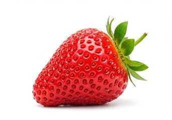 Close-up of a single, ripe strawberry with green leaves against a plain white background in a studio shot