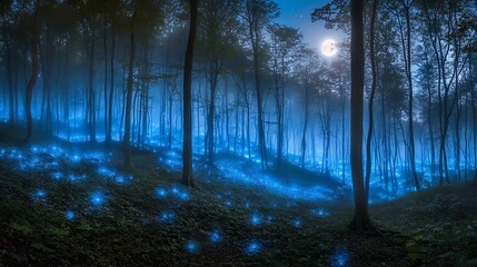 Obraz premium Glowing crystalline forest under moonlit sky mist swirling around the glowing trees cinematic ethereal wilderness
