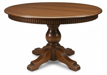Round wooden table with pedestal base and carved details isolated on a white background in a studio shot