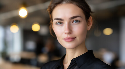 Young businesswoman in a sleek office radiating confidence and leadership