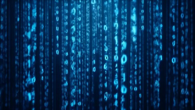 Digital Data Matrix with Glowing Binary Numbers on Dark Background