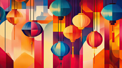 Colorful paper lanterns hanging abstract illustration. Bright colors shapes background AI generative