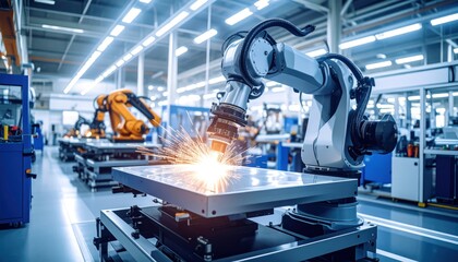 Industrial Robot Welding Metal in Factory