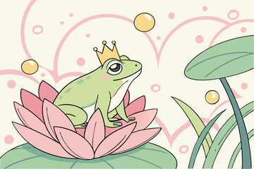 45 Green tree frog, golden crown, pink lotus flower, water lily pad, bokeh background, dewdrops, fairy tale atmosphere, whimsical, nature photography, macro shot, soft lighting, dreamy, pastel colors,