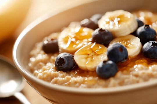 Delicious oatmeal with banana, blueberry, and honey toppings - Powered by Adobe