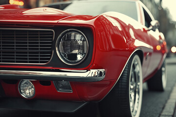 Naklejka premium Close-up of a Red Classic Car's Front With Chrome Detailing