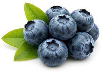 Obraz premium Pile of fresh blueberries with green leaves isolated on a white background, showing the vibrant color and texture