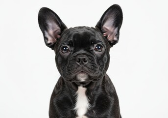Close-up of a black french bulldog puppy with erect ears against a white background