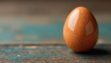 Close-up of speckled brown Easter egg on rustic wood , close-up, brown egg
