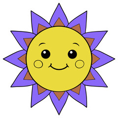 Cute smiling sun with purple petals in a cartoon style on a white background