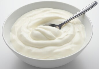 Bowl of creamy white yogurt with a silver spoon resting inside on a white surface