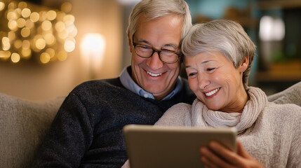 Cozy living room with a mature couple sharing joyful moments