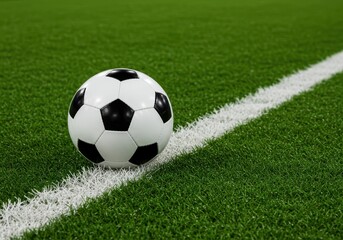 A soccer ball rests on green grass next to a white line, ready for a game on a sunny sports field