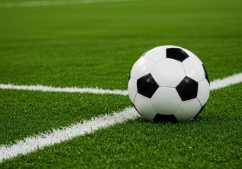 Soccer ball resting on a green field near the white corner line, ready for the game to begin