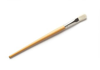 Close-up of a flat paintbrush with a wooden handle and white bristles on a white background