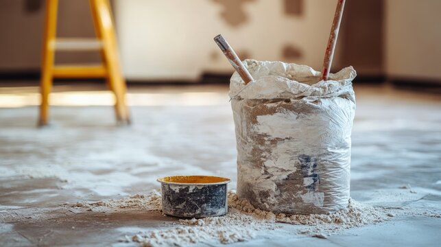 Dry plaster mix bag and tools on construction floor