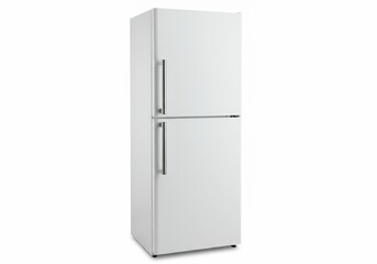A two-door white refrigerator with stainless steel handles stands on a white background in a studio shot