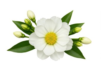 Elegant white flower with a yellow center surrounded by green leaves and unopened buds on a white background