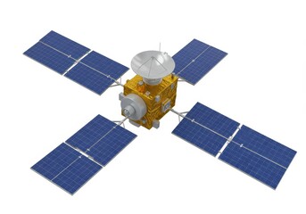 Satellite with solar panels and antenna on a white background for space exploration and communication