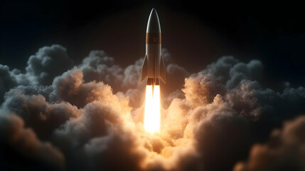 Rocket Launch Through Clouds At Night