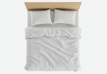 Overhead shot of a bed with white linens and pillows against a white background for a clean, minimalist aesthetic