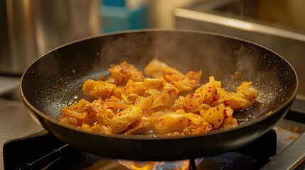 Hot skillet with kimchi sizzling in melted butter