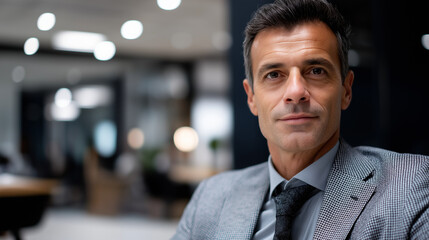 Fototapeta premium Businessman in Sleek Office Reflecting Leadership and Ambition