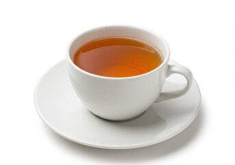 Aromatic tea in a white cup and saucer on a white background with soft lighting