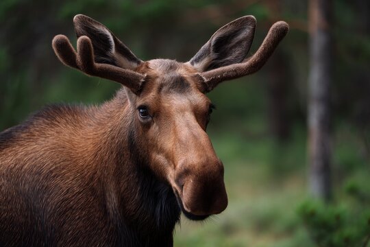 Close-up Portrait of a Moose Head in Forest with Small Antlers