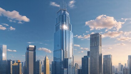 Naklejka premium Dynamic urban downtown architecture with towering skyscrapers against a blue sky, showcasing modern business construction