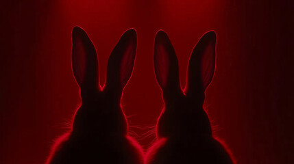 Silhouetted Rabbits with Red Glow and Prominent Ears