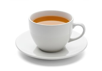 Obraz premium White cup with tea on a saucer against white background