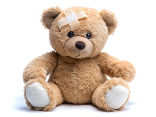 Obraz premium Teddy bear with bandage isolated on white background.