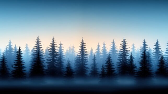 Serene misty forest landscape featu multiple layers of tall pine trees silhouetted against a soft gradient sky du early dawn or late dusk with tranquil atmospheric mood - Powered by Adobe