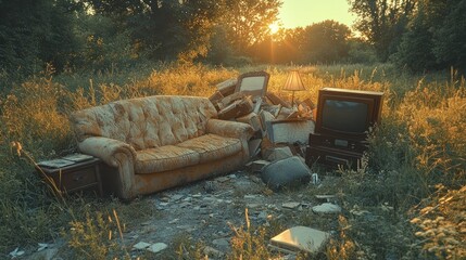 Abandoned furniture and trash in a sunlit forest clearing
