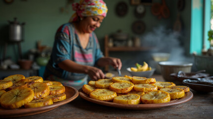 Traditional cooking scene with fried plantain slices joy